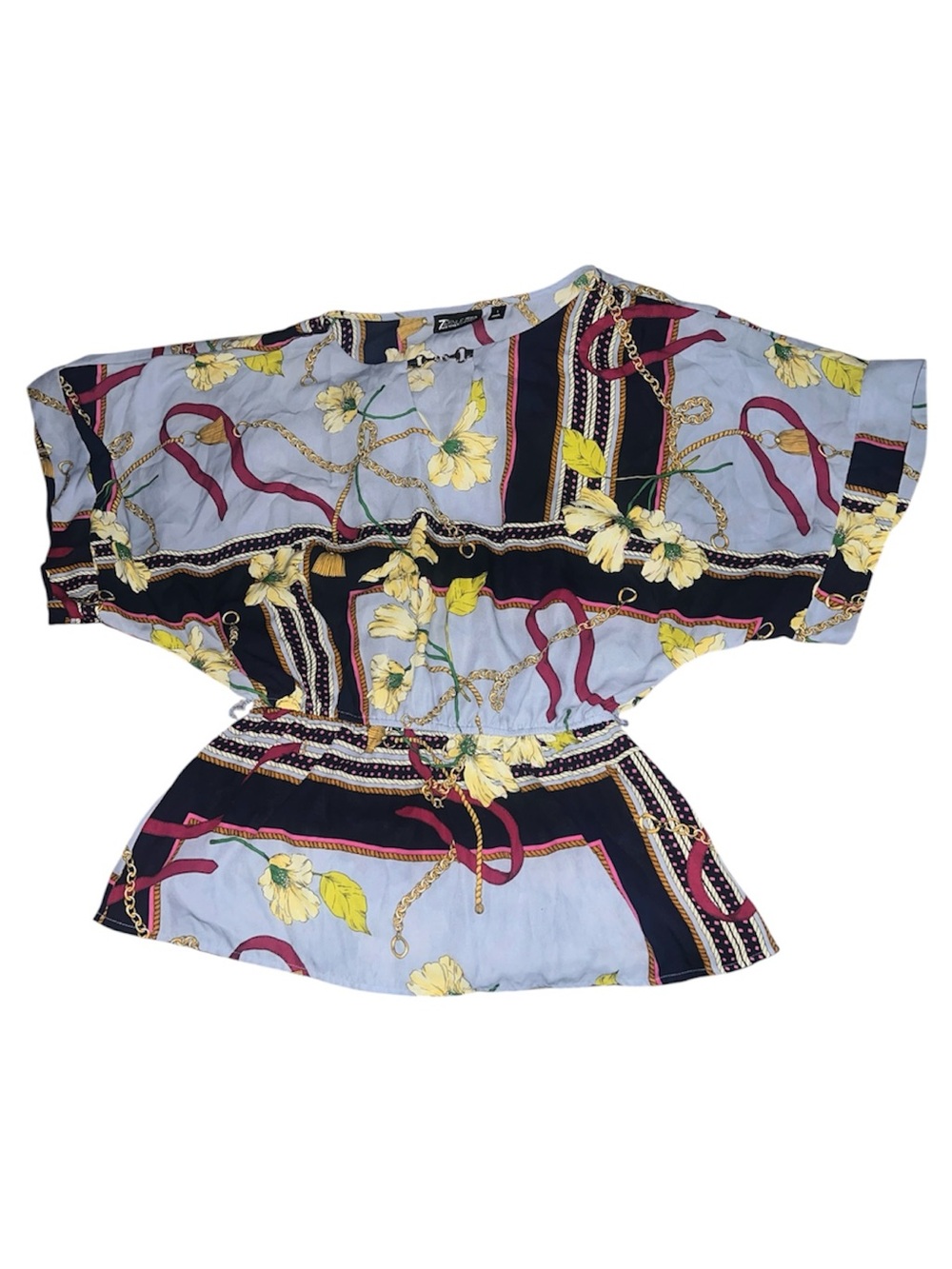 New York & Company Light Blue and Black Floral Tie-Waist Tunic